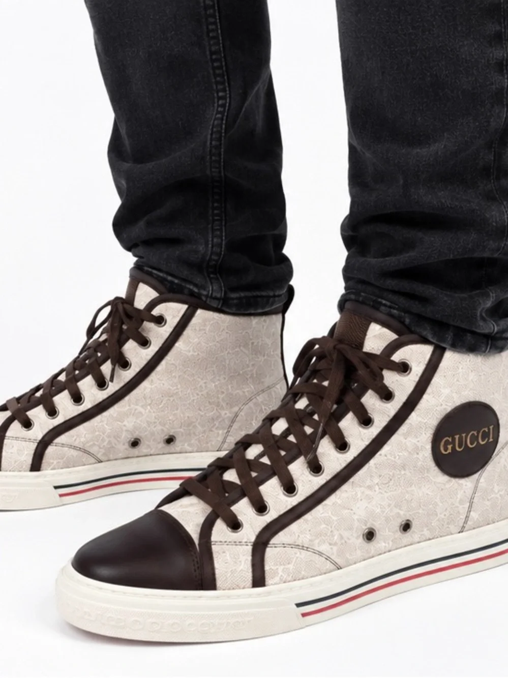 Gucci Men’s California High-Top GC Sneakers Brown Leather Trim Size 11